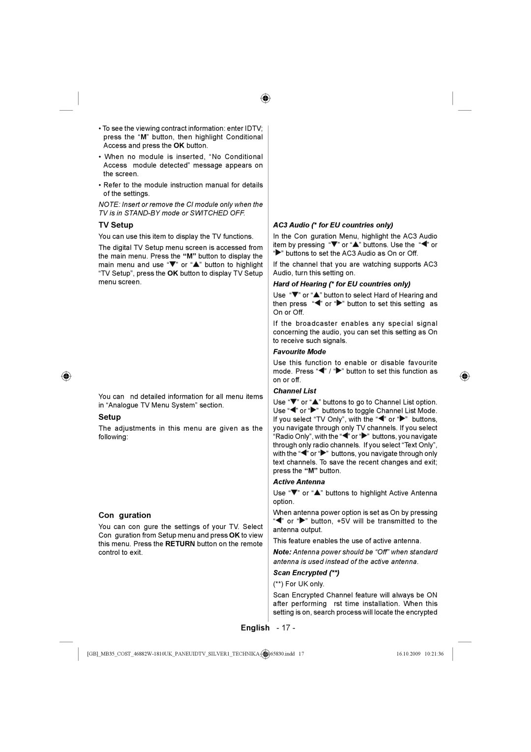 Technika LCD46-920 manual TV Setup, Conﬁguration 