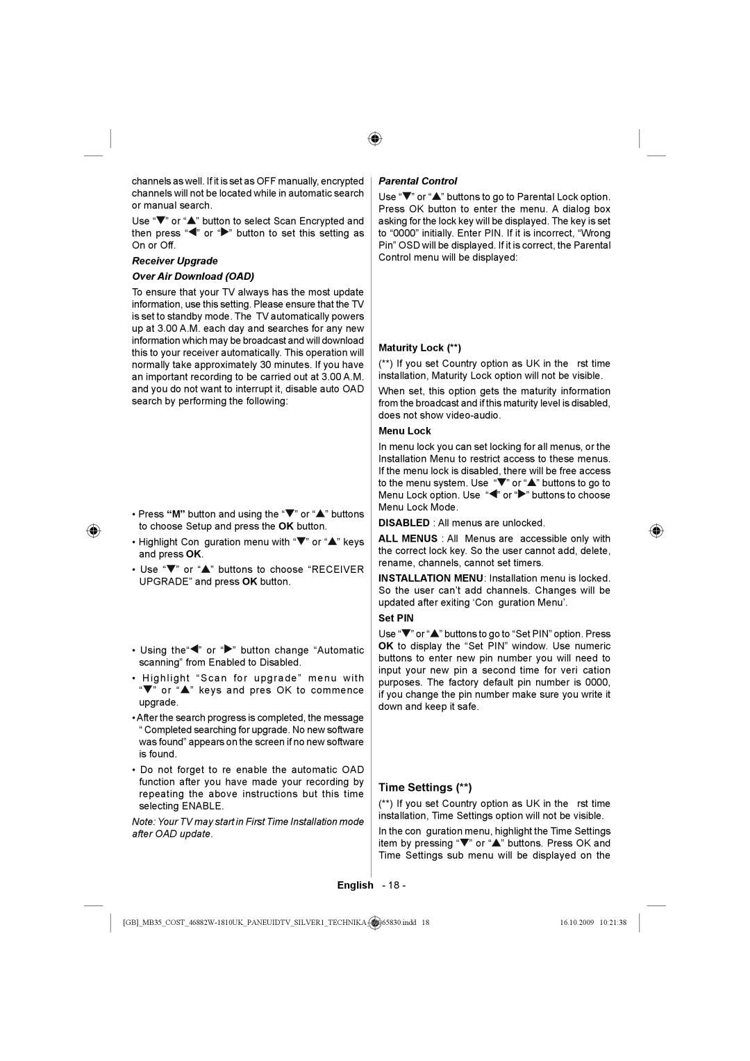 Technika LCD46-920 manual Time Settings, Receiver Upgrade Over Air Download OAD, Parental Control 