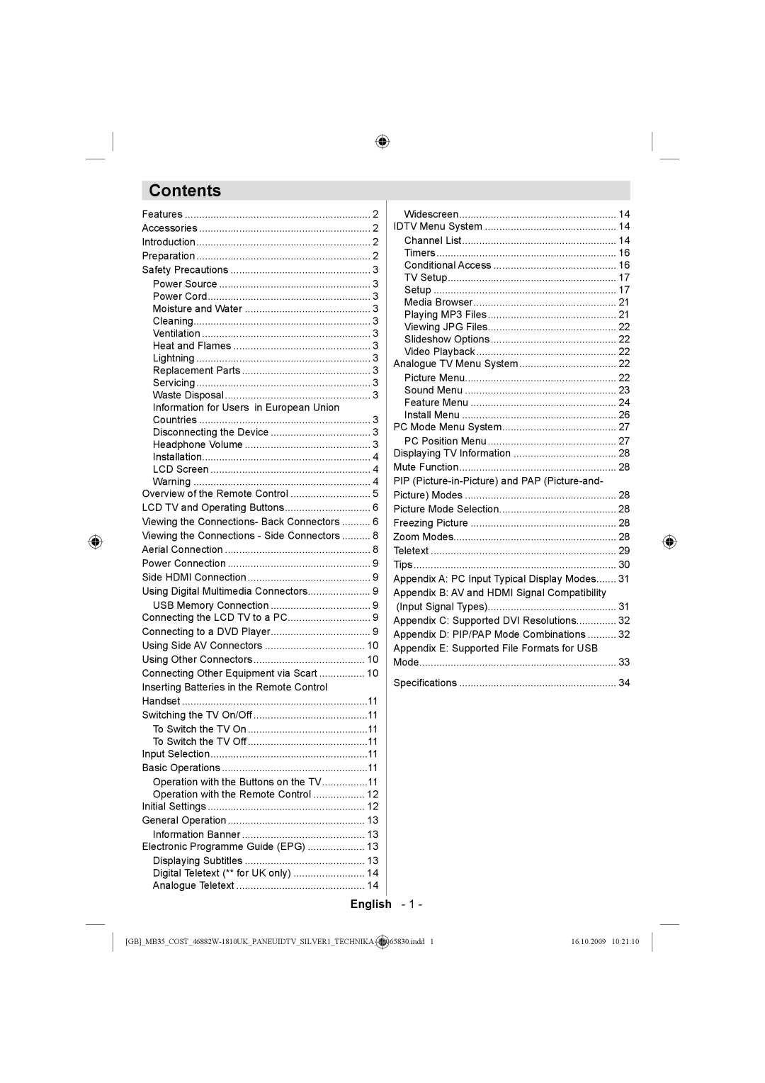 Technika LCD46-920 manual Contents 