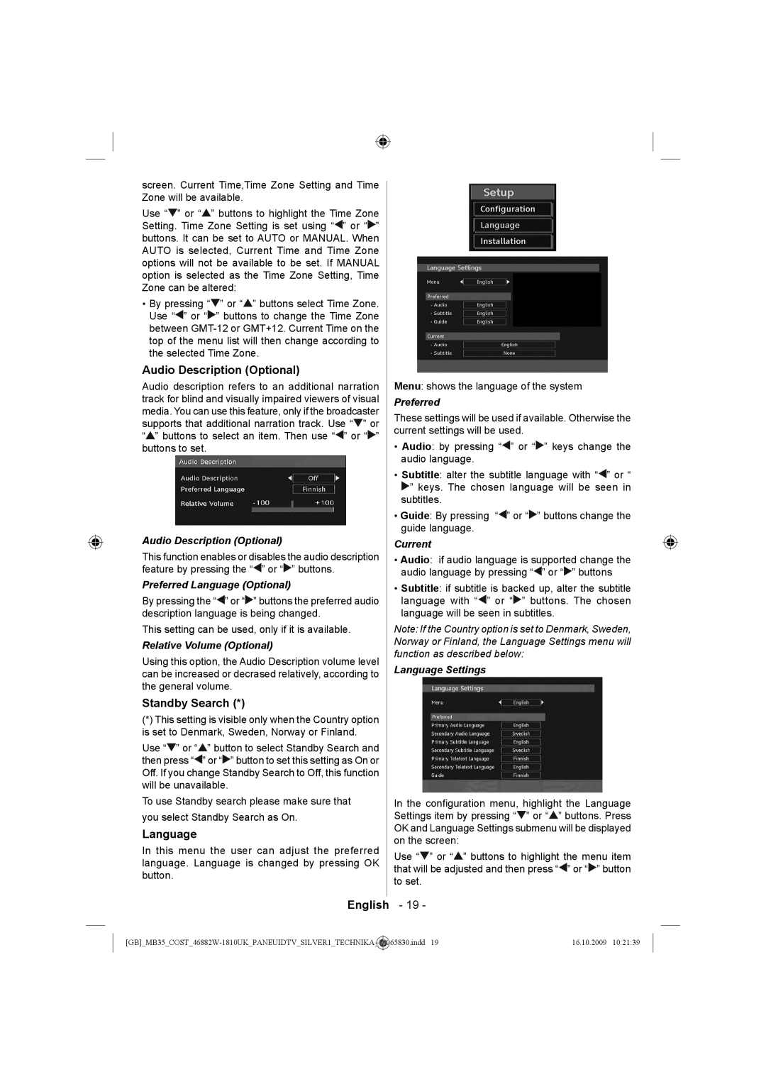 Technika LCD46-920 manual Audio Description Optional, Standby Search, Language 