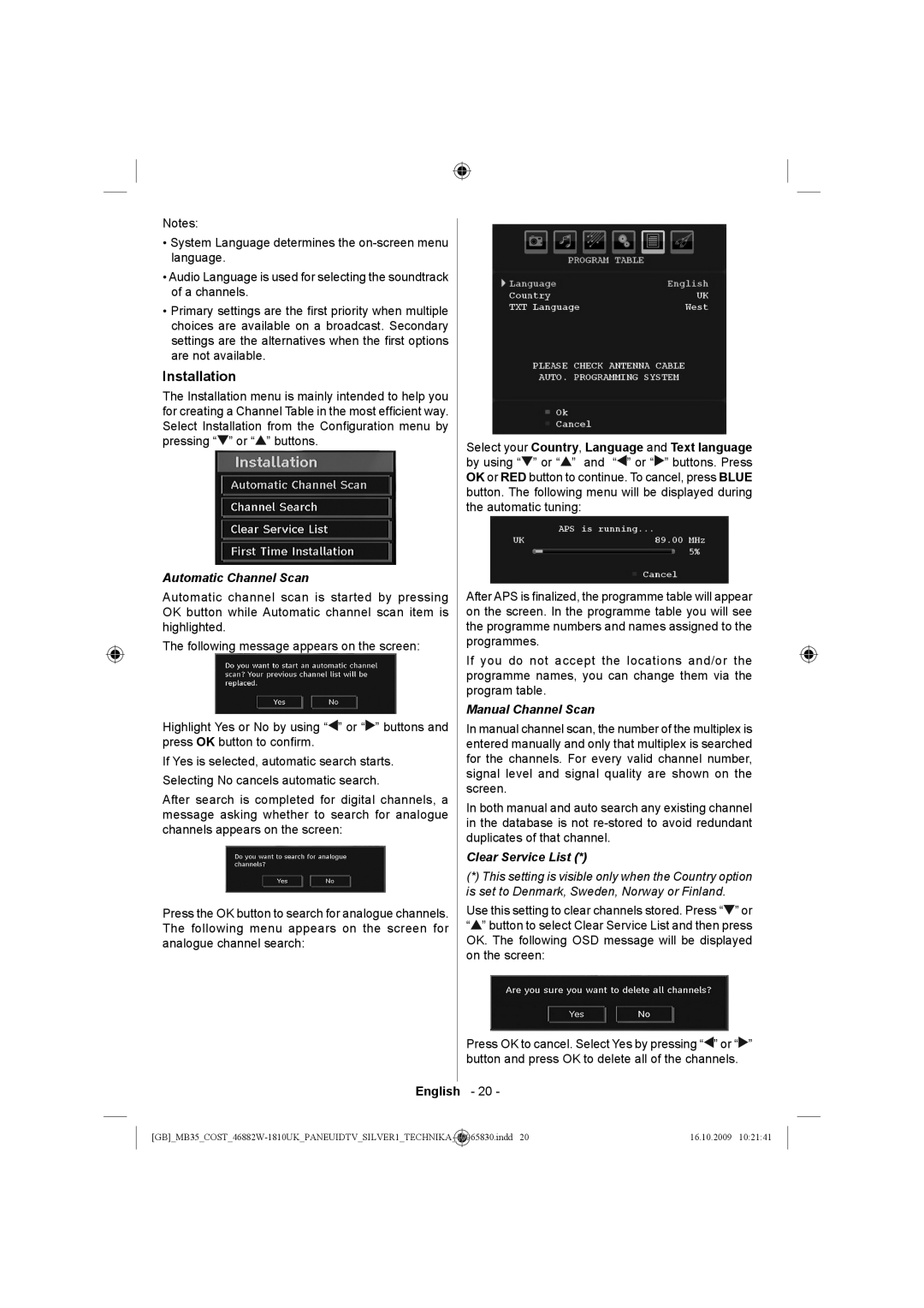 Technika LCD46-920 manual Automatic Channel Scan, Manual Channel Scan, Clear Service List 