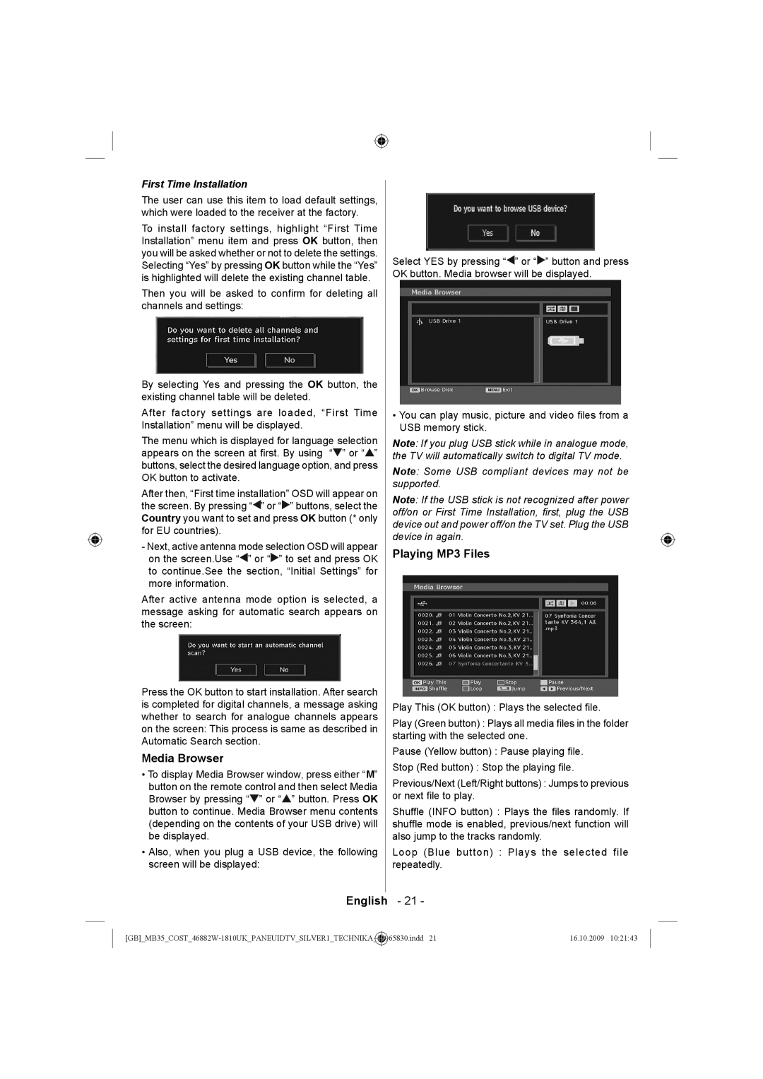 Technika LCD46-920 manual Media Browser, Playing MP3 Files, First Time Installation 