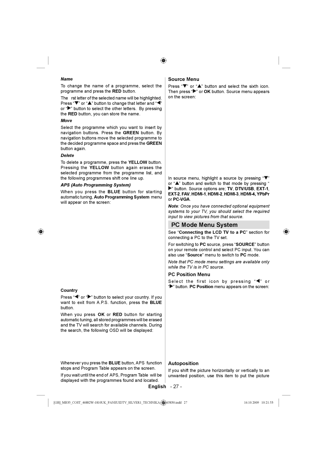 Technika LCD46-920 manual PC Mode Menu System, Source Menu, PC Position Menu, Autoposition 