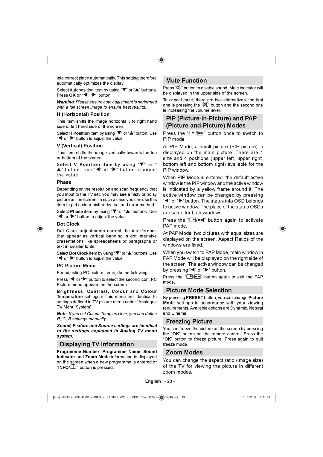 Technika LCD46-920 Displaying TV Information, Mute Function, PIP Picture-in-Picture and PAP Picture-and-Picture Modes 