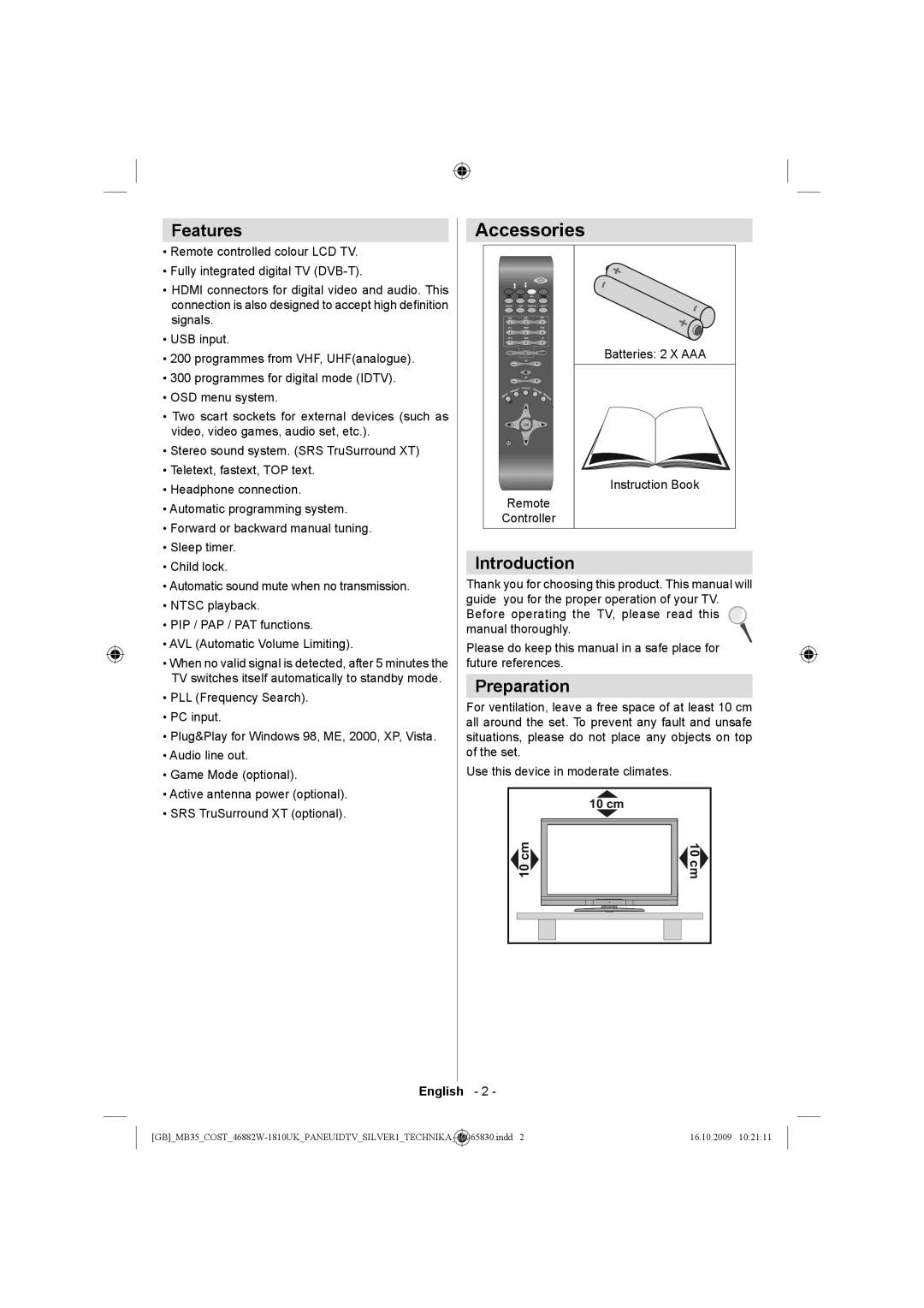 Technika LCD46-920 manual Accessories, Features, Introduction, Preparation, English 