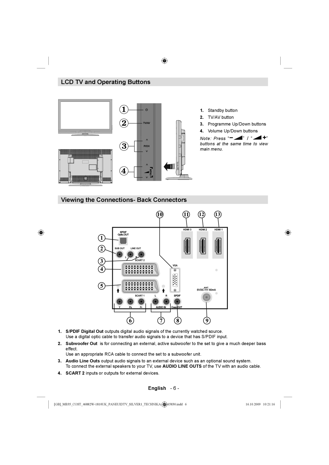 Technika LCD46-920 manual LCD TV and Operating Buttons, Viewing the Connections- Back Connectors 