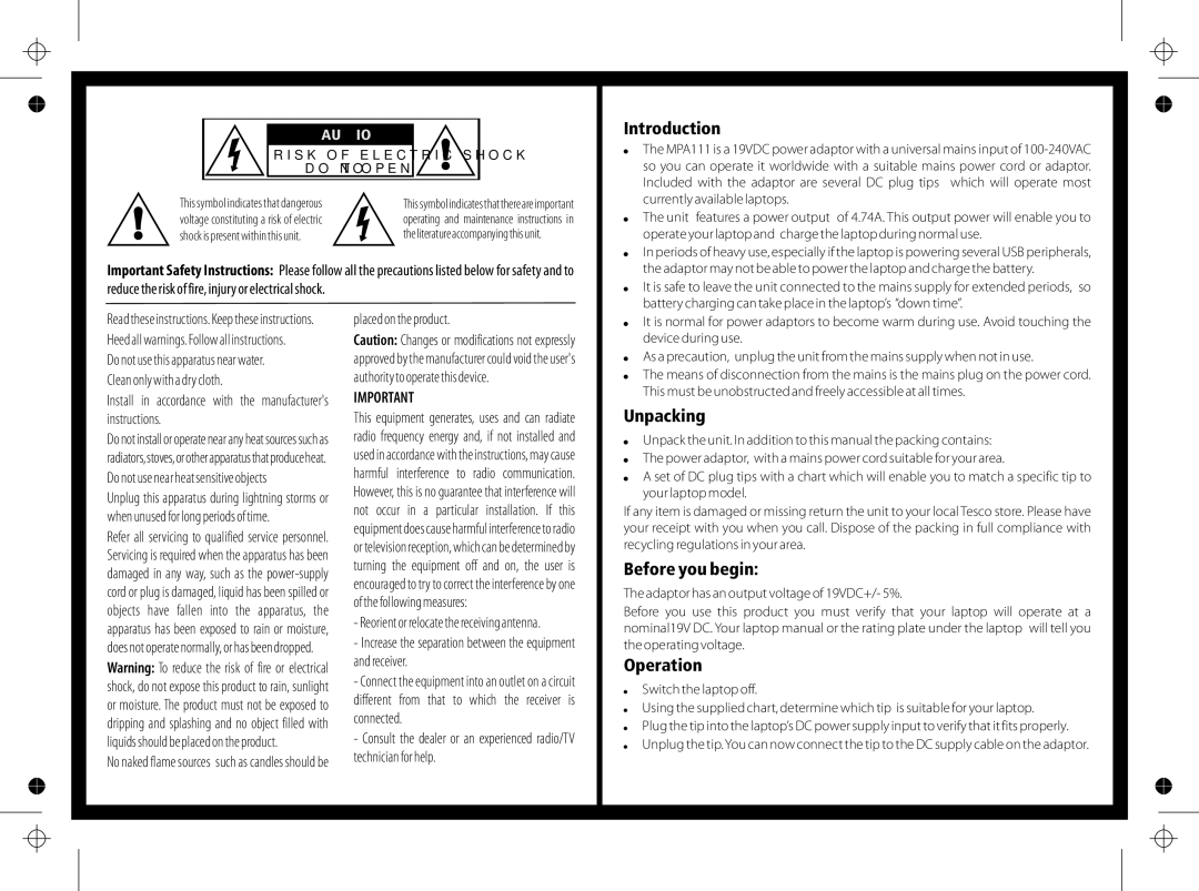 Technika LPA111 warranty Introduction, Unpacking, Before you begin, Operation 