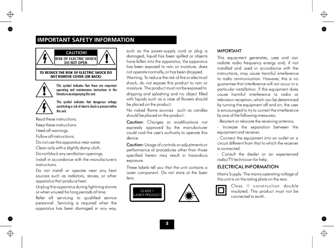 Technika MC123 manual Important Safety Information, Electrical Information 