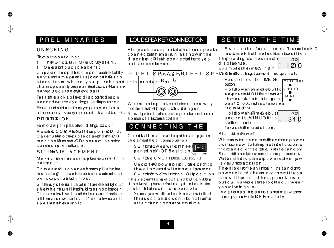 Technika MC123 manual Preliminaries, Loudspeaker Connection, Setting the Time, Connecting the Mains 