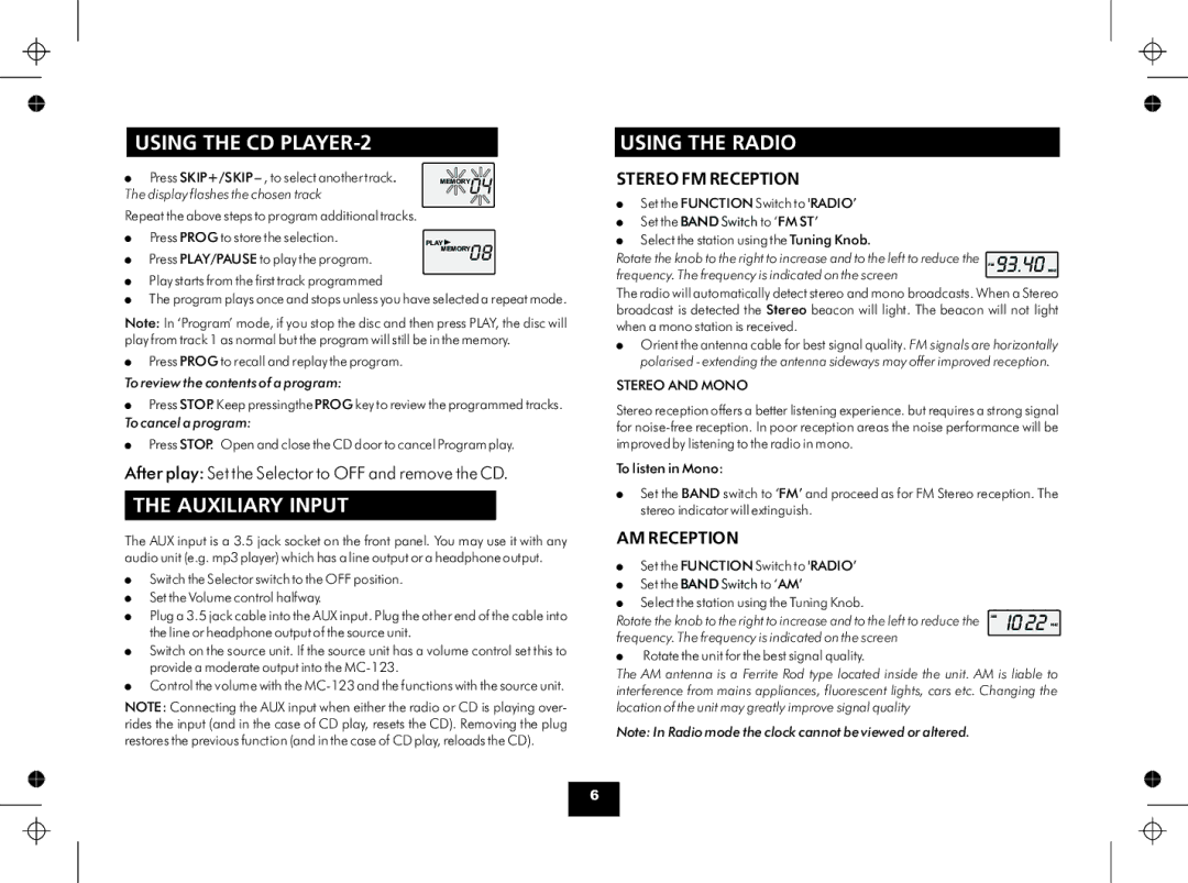 Technika MC123 manual Using the CD PLAYER-2 Using the Radio, Auxiliary Input, I0 22 KHZ, Stereo FM Reception, AM Reception 