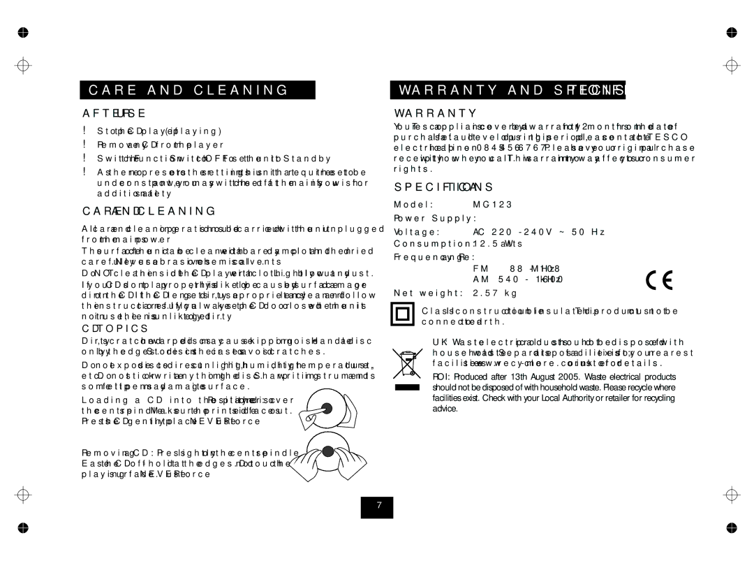 Technika MC123 manual Care and Cleaning Warranty and Specifications, After USE 