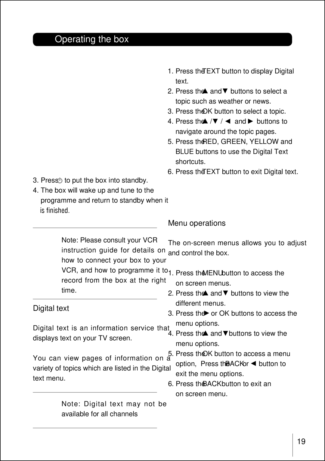 Technika STBHDIS2010 manual Menu operations, Press the Text button to exit Digital text 