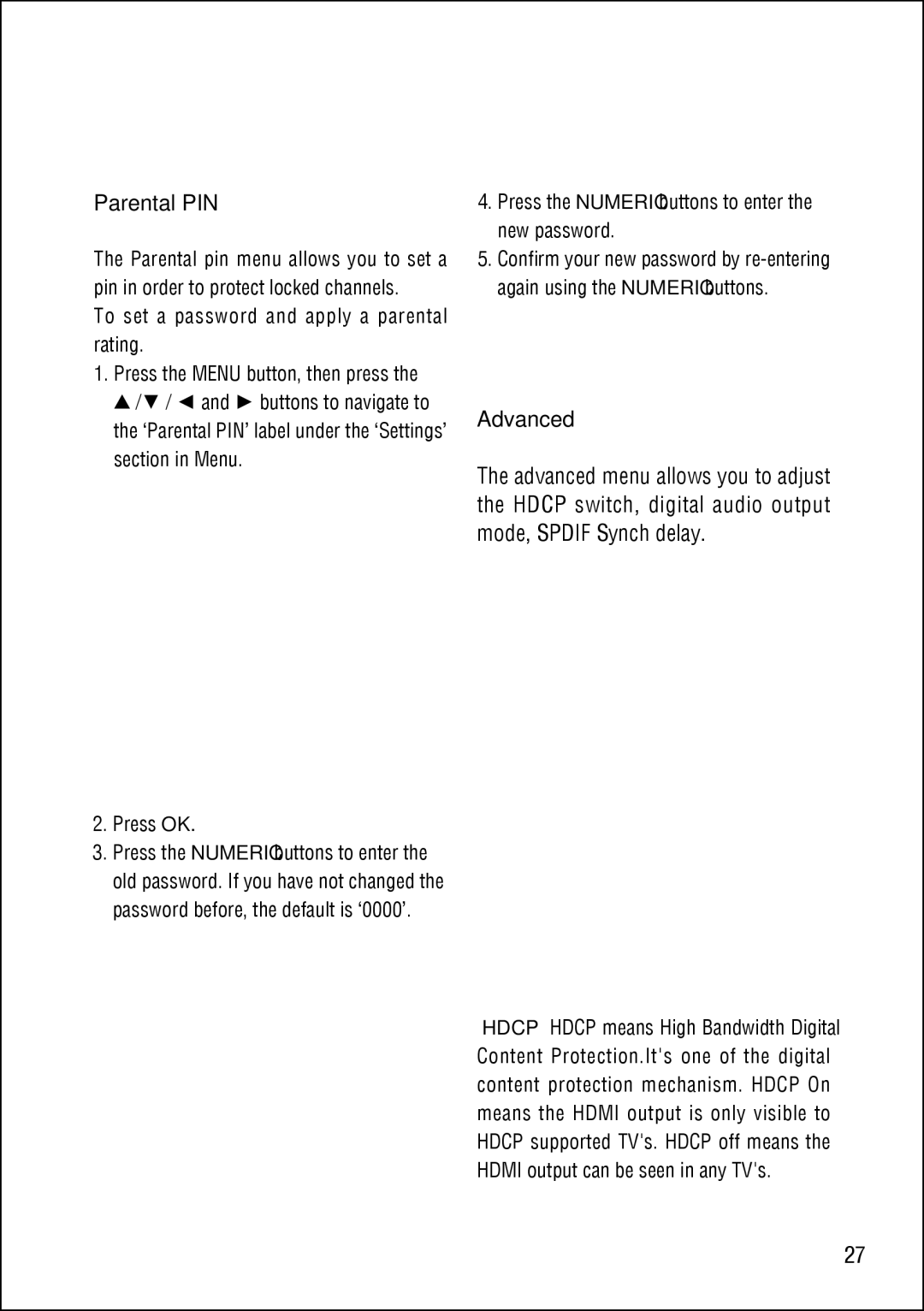 Technika STBHDIS2010 manual Parental PIN, Advanced, Press the Numeric buttons to enter the new password 