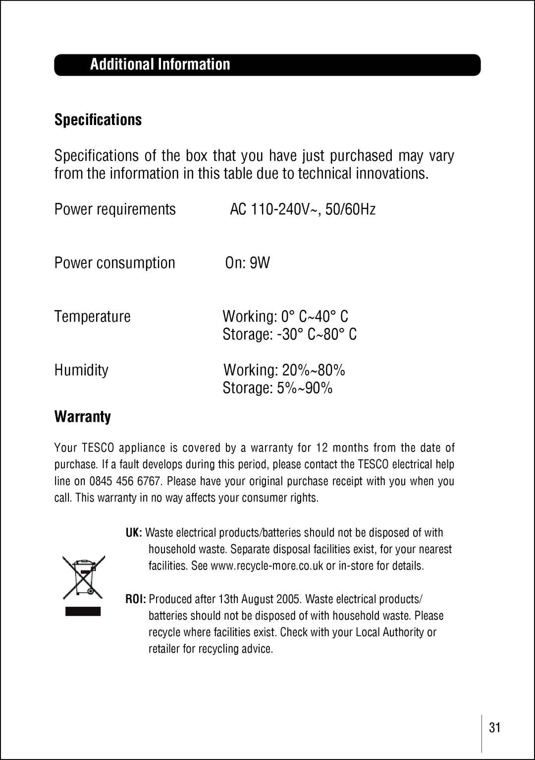 Technika STBHDIS2010 manual Additional Information, Specifications, Warranty 