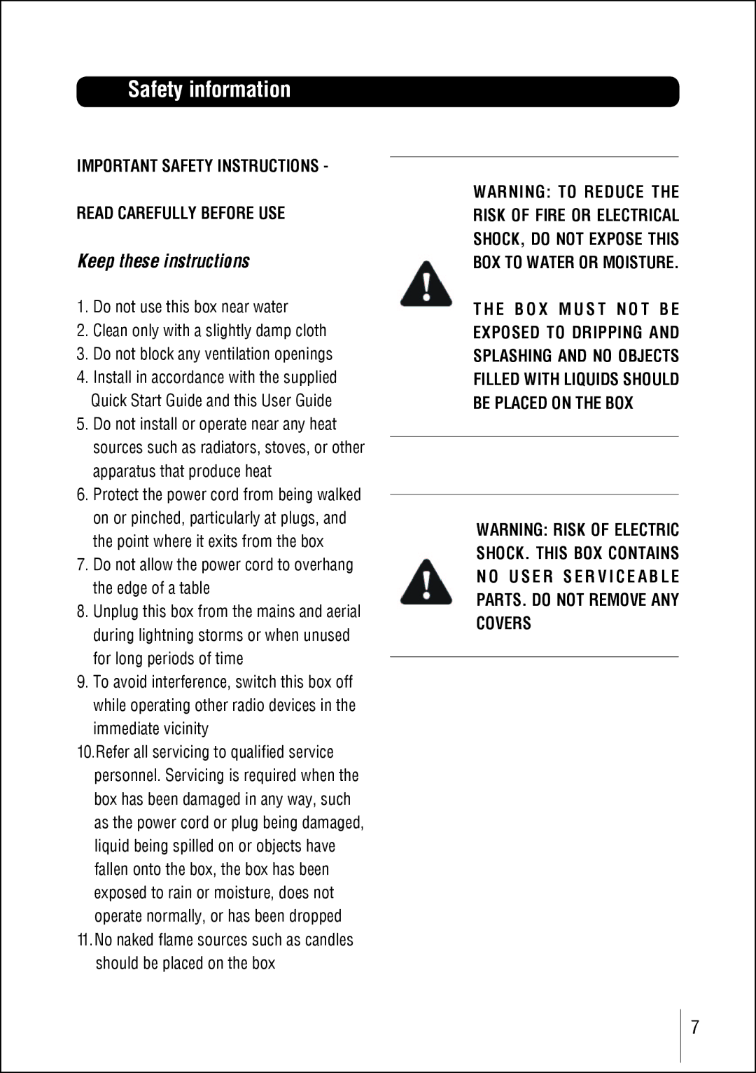 Technika STBHDIS2010 manual Safety information, Keep these instructions 