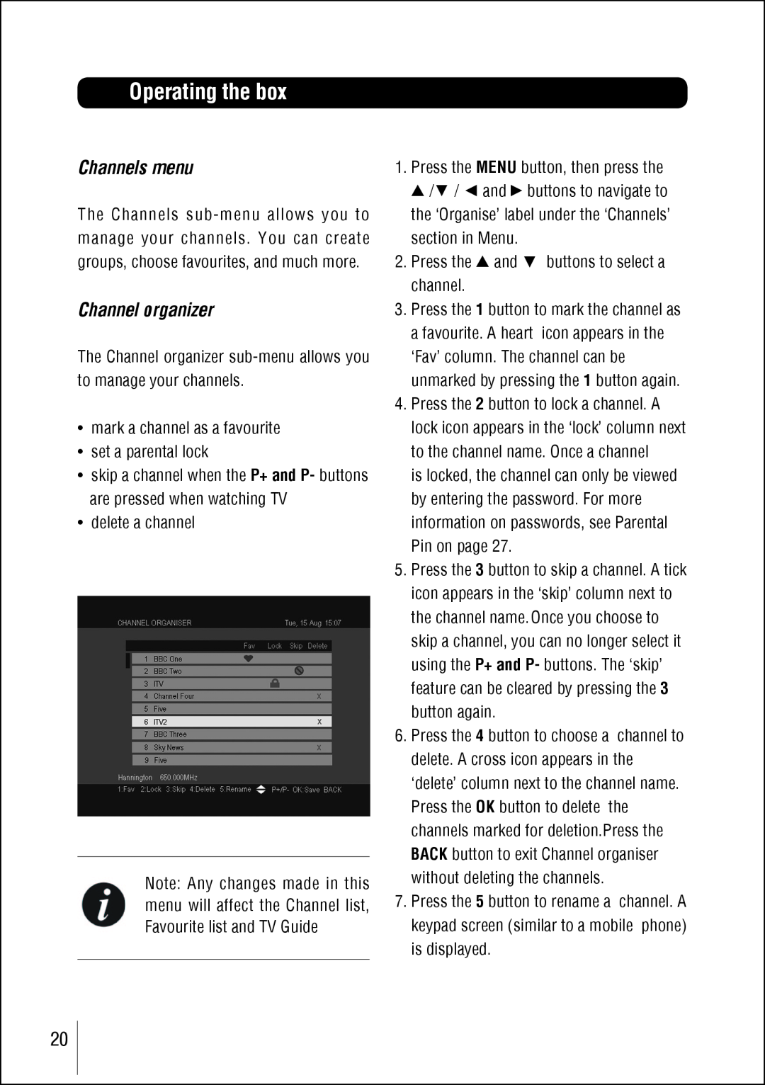 Technika STBHDIS2010 manual Channels menu, Channel organizer, Operating the box, delete a channel 