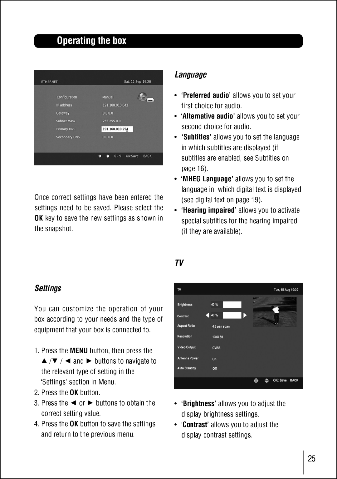 Technika STBHDIS2010 manual Language, Settings, ‘Preferred audio’ allows you to set your first choice for audio 