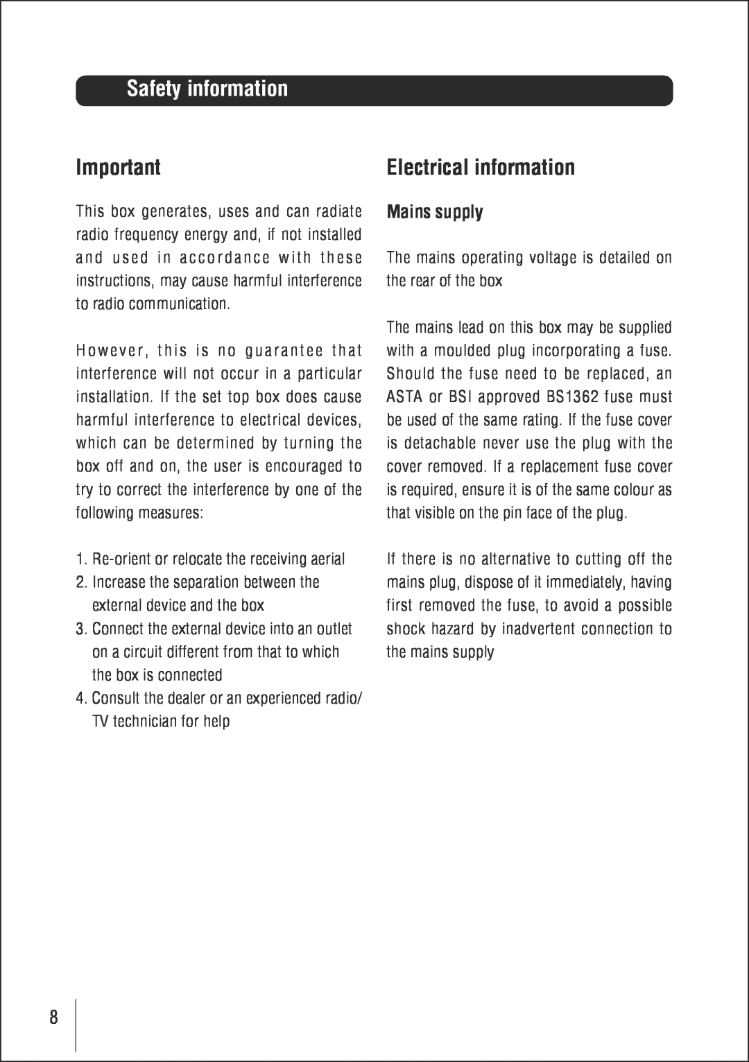 Technika STBHDIS2010 manual Safety information, Electrical information, Mains supply 