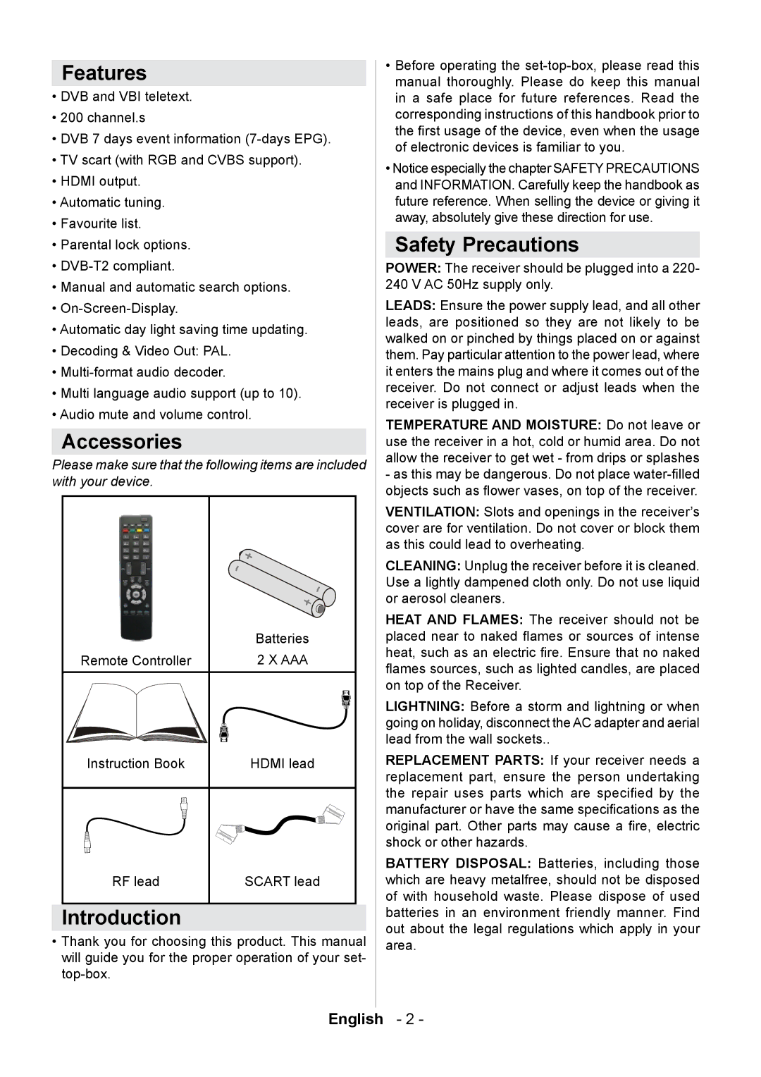 Technika STBHDV2010 user manual Features, Accessories, Introduction, Safety Precautions 