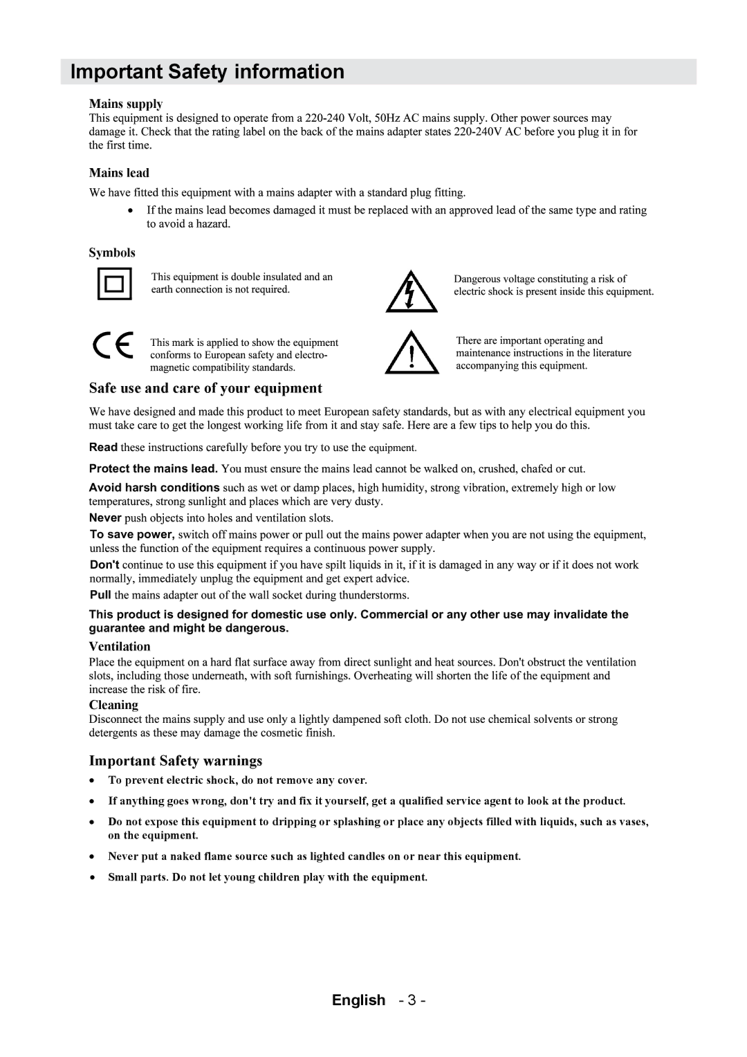 Technika STBHDV2010 user manual Important Safety information, Safe use and care of your equipment 