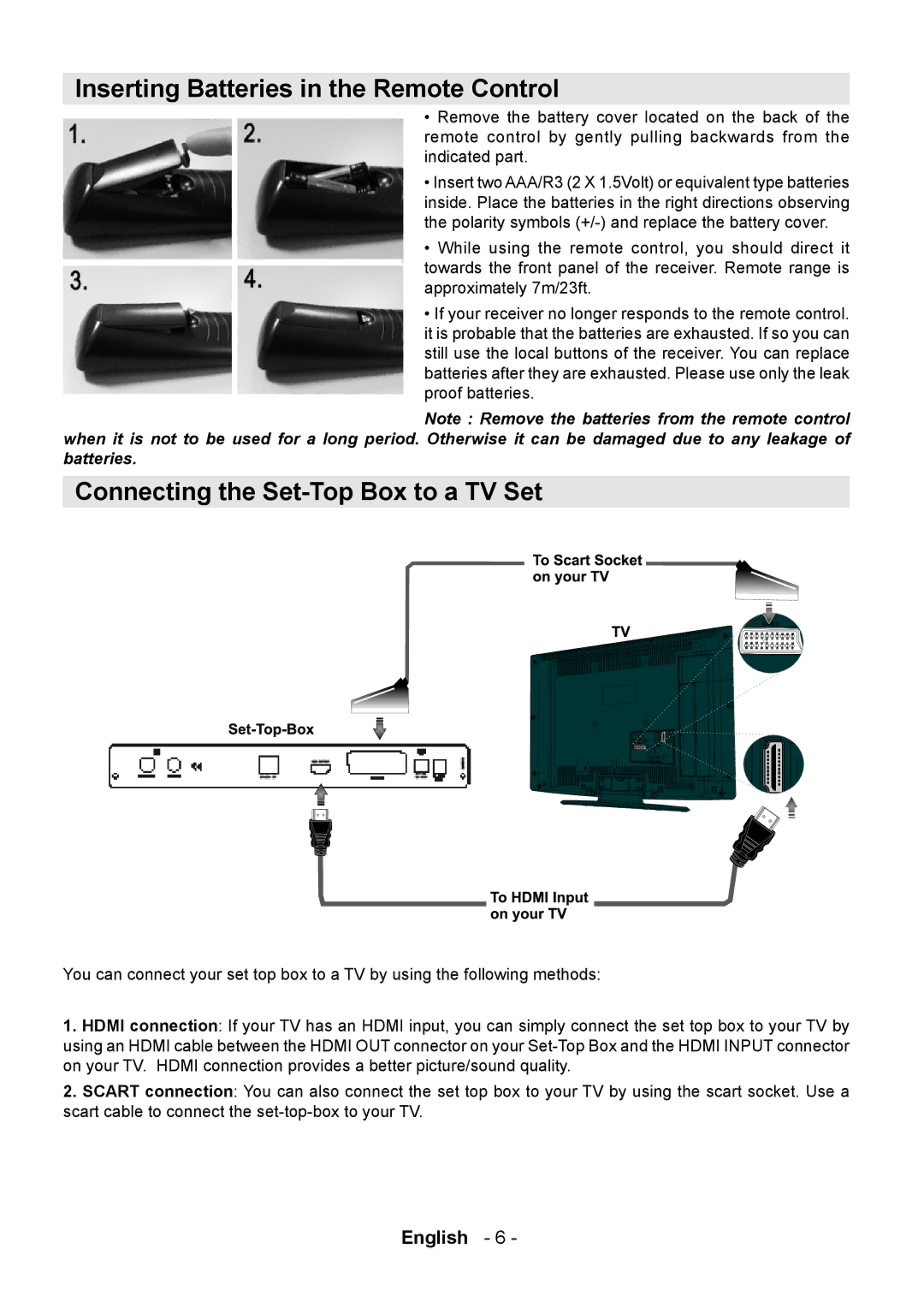 Technika STBHDV2010 user manual Inserting Batteries in the Remote Control, Connecting the Set-Top Box to a TV Set 