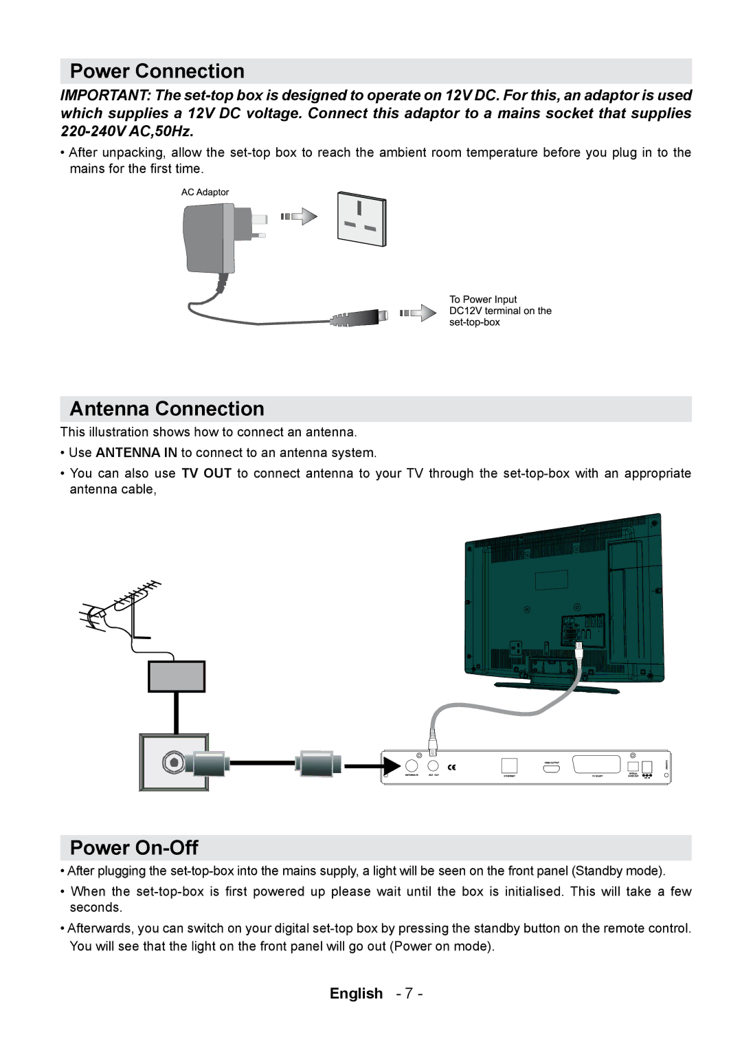 Technika STBHDV2010 user manual Power Connection, Antenna Connection, Power On-Off 