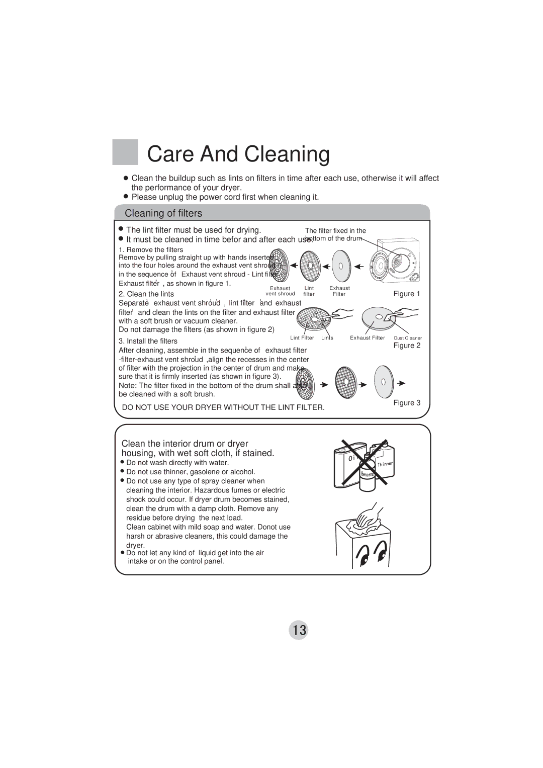 Technika T50DM manual Care And Cleaning, Cleaning of filters 