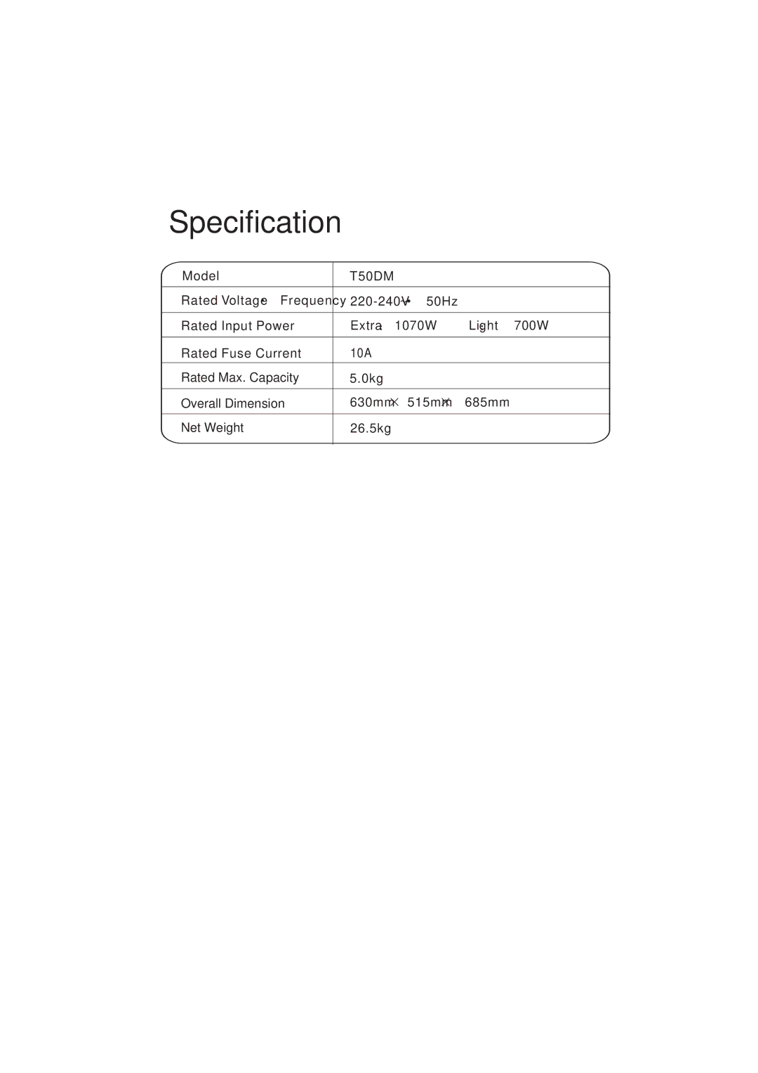 Technika T50DM manual Specification 