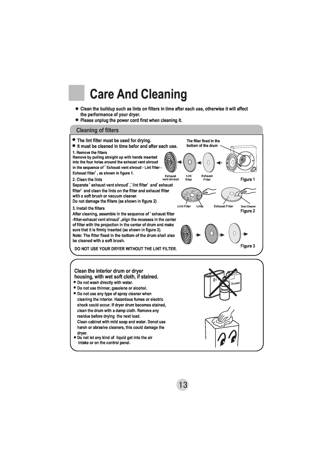 Technika T50DM manual Care And Cleaning, Cleaning of filters 
