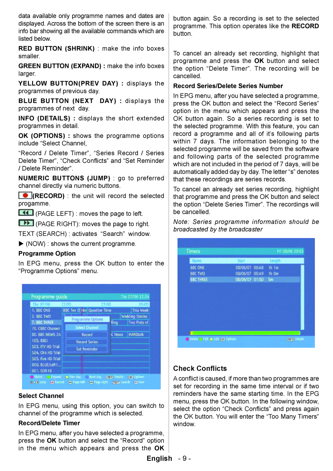 Technika T835 Check Conﬂicts, Programme Option, Select Channel, Record/Delete Timer, Record Series/Delete Series Number 