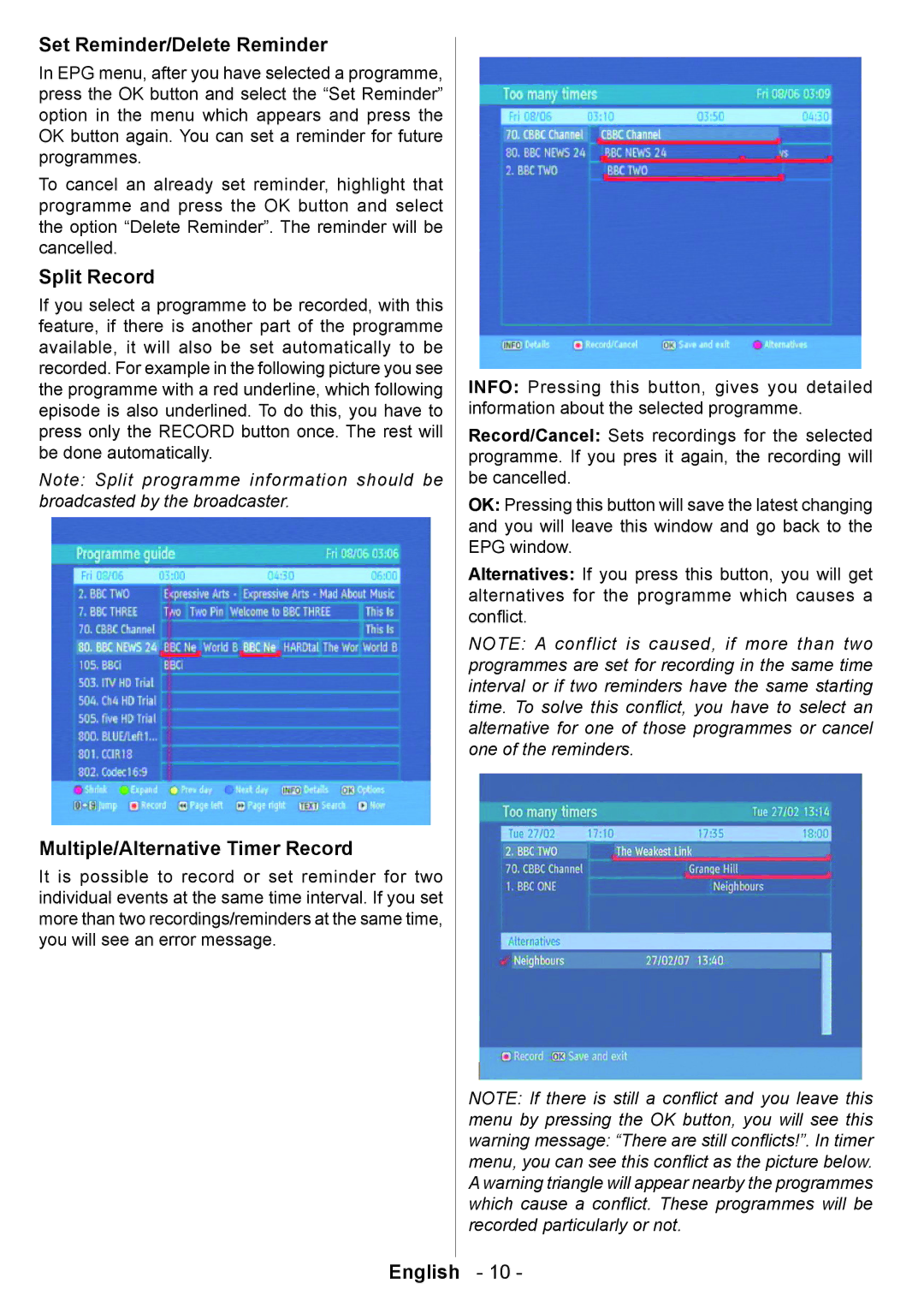 Technika T835 user manual Set Reminder/Delete Reminder, Split Record, Multiple/Alternative Timer Record 