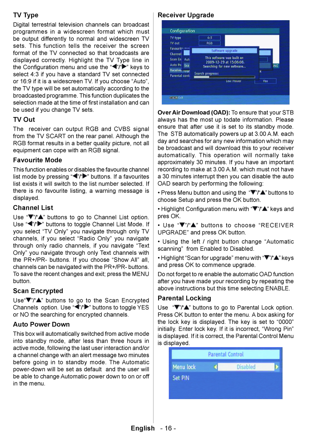 Technika T835 user manual TV Type, TV Out, Favourite Mode, Channel List, Scan Encrypted, Auto Power Down, Receiver Upgrade 