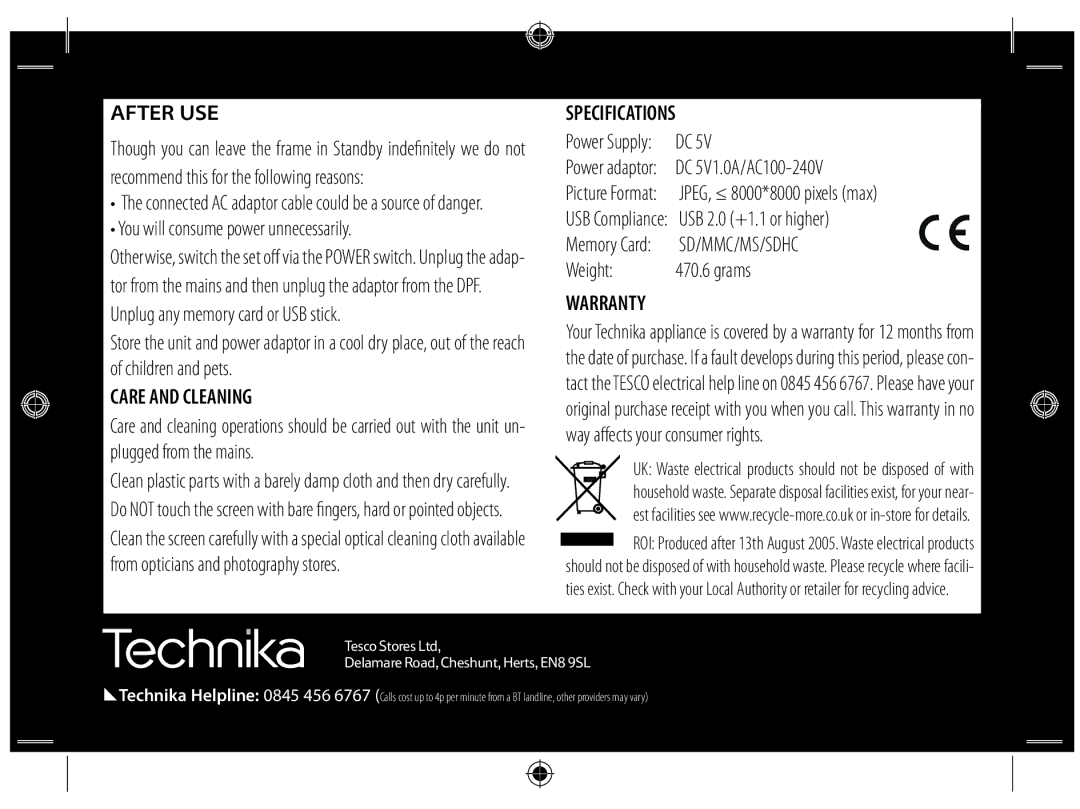 Technika X800 manual After USE, You will consume power unnecessarily, Care and Cleaning, Weight Grams, Warranty 