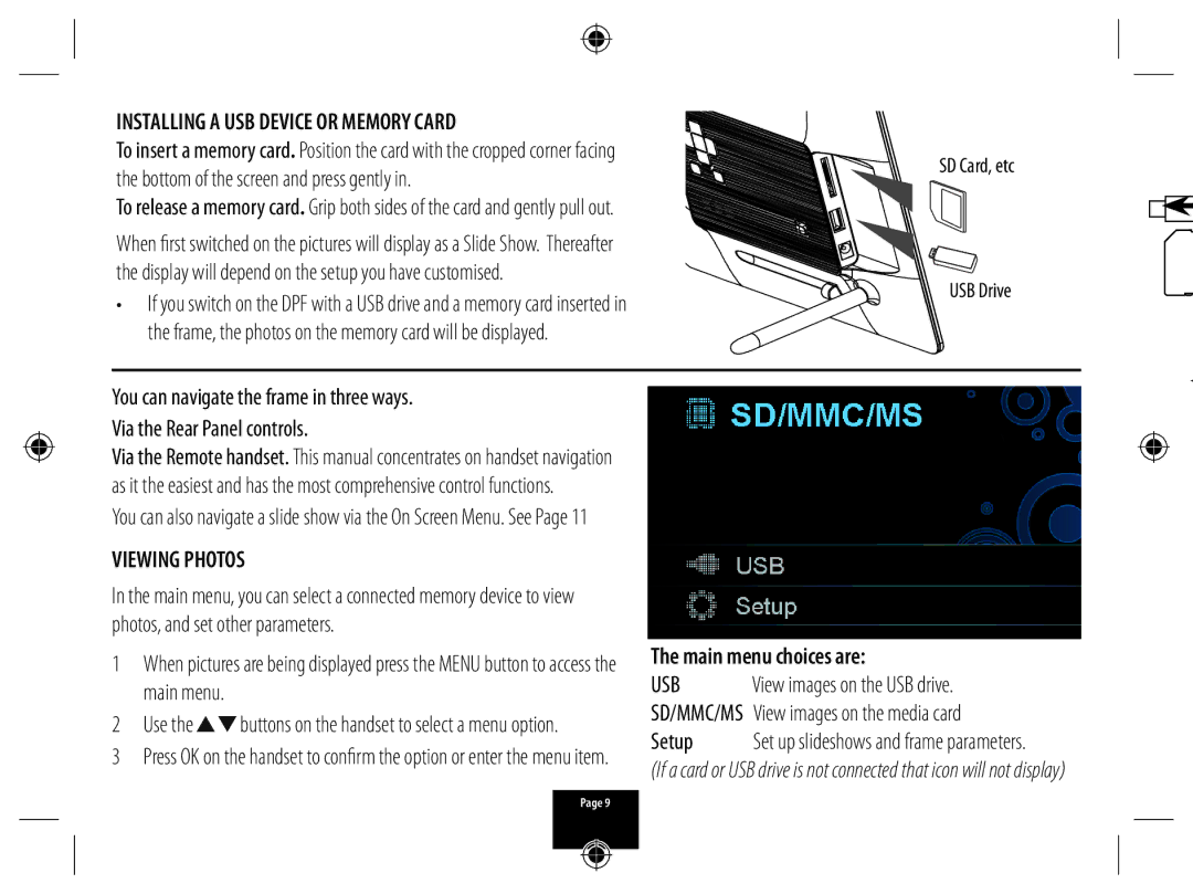 Technika X800 manual Installing a USB Device or Memory Card, Viewing Photos, Setup, SD Card, etc USB Drive 