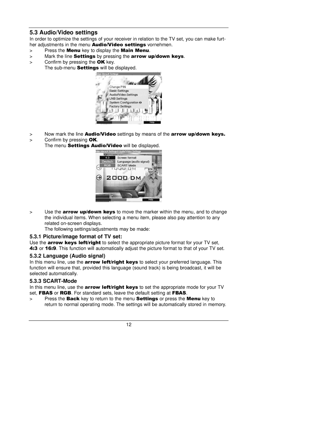 TechniSat 1 manual Audio/Video settings, Picture/image format of TV set, Language Audio signal, SCART-Mode 