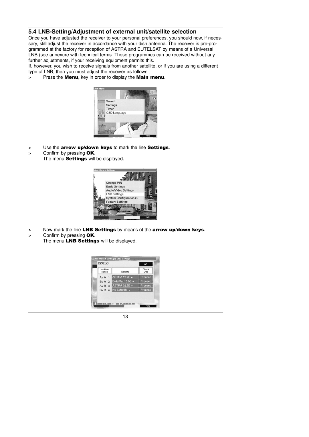 TechniSat 1 manual LNB-Setting/Adjustment of external unit/satellite selection 