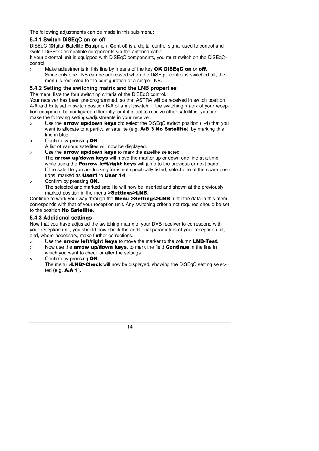 TechniSat 1 manual Switch DiSEqC on or off, Setting the switching matrix and the LNB properties, Additional settings 