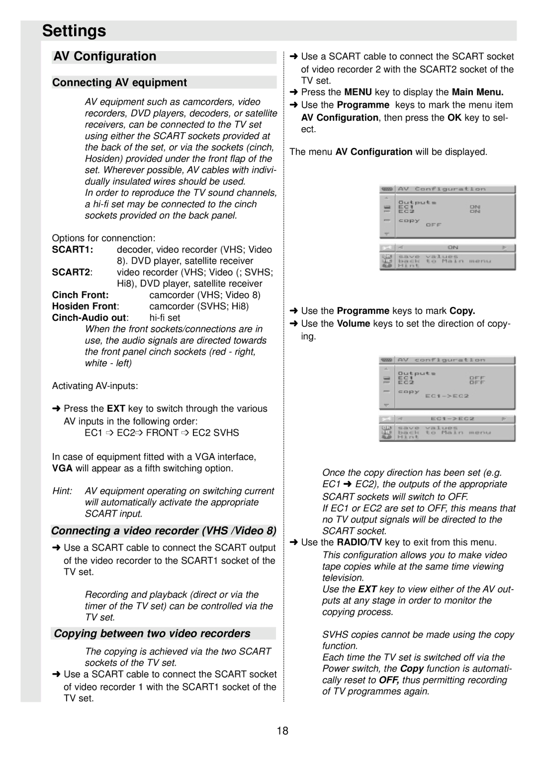 TechniSat 100Hz Television sets Colani-TV Classic Line instruction manual AV Configuration, Connecting AV equipment 