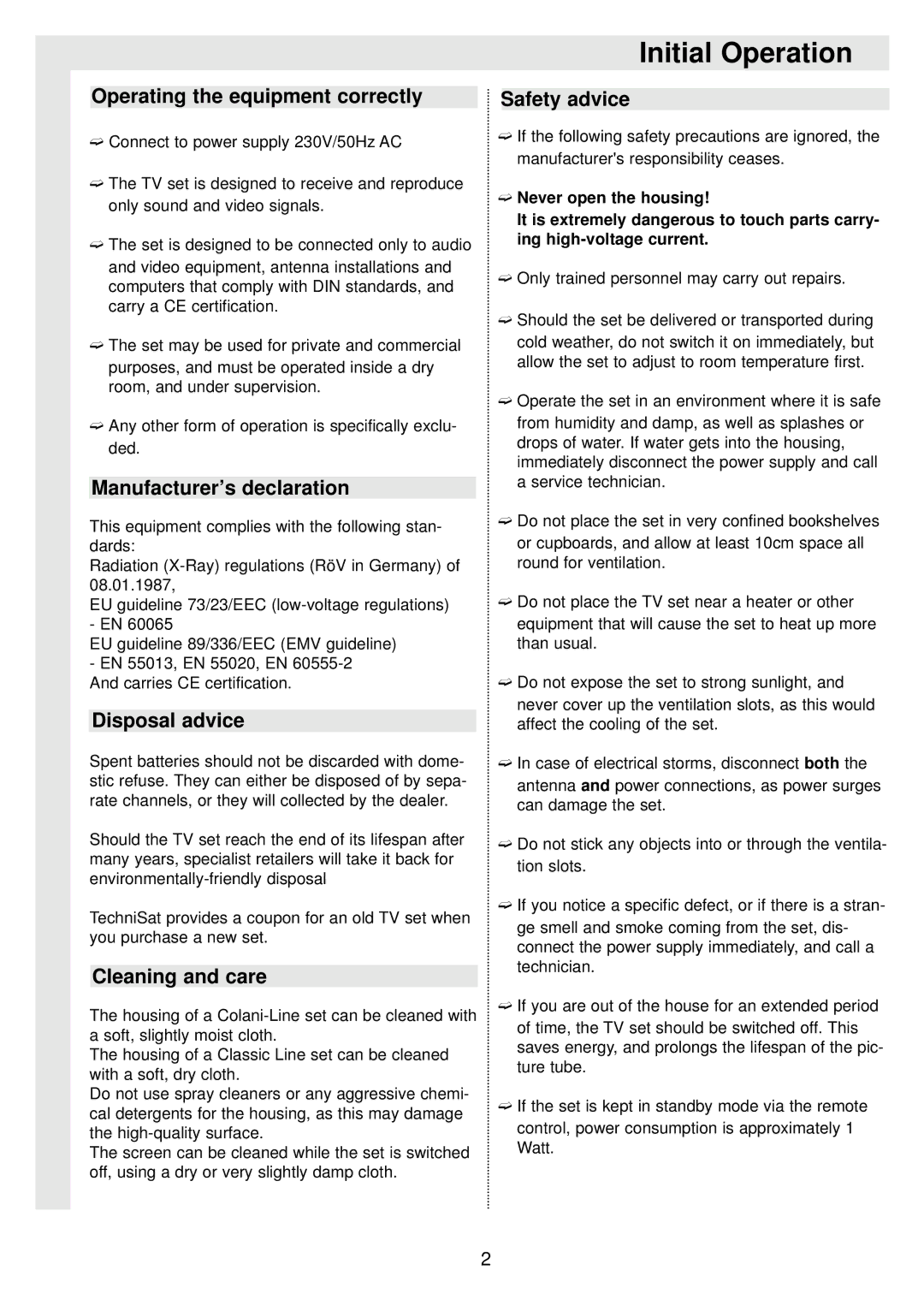 TechniSat 100Hz Television sets Colani-TV Classic Line Initial Operation, Operating the equipment correctly 