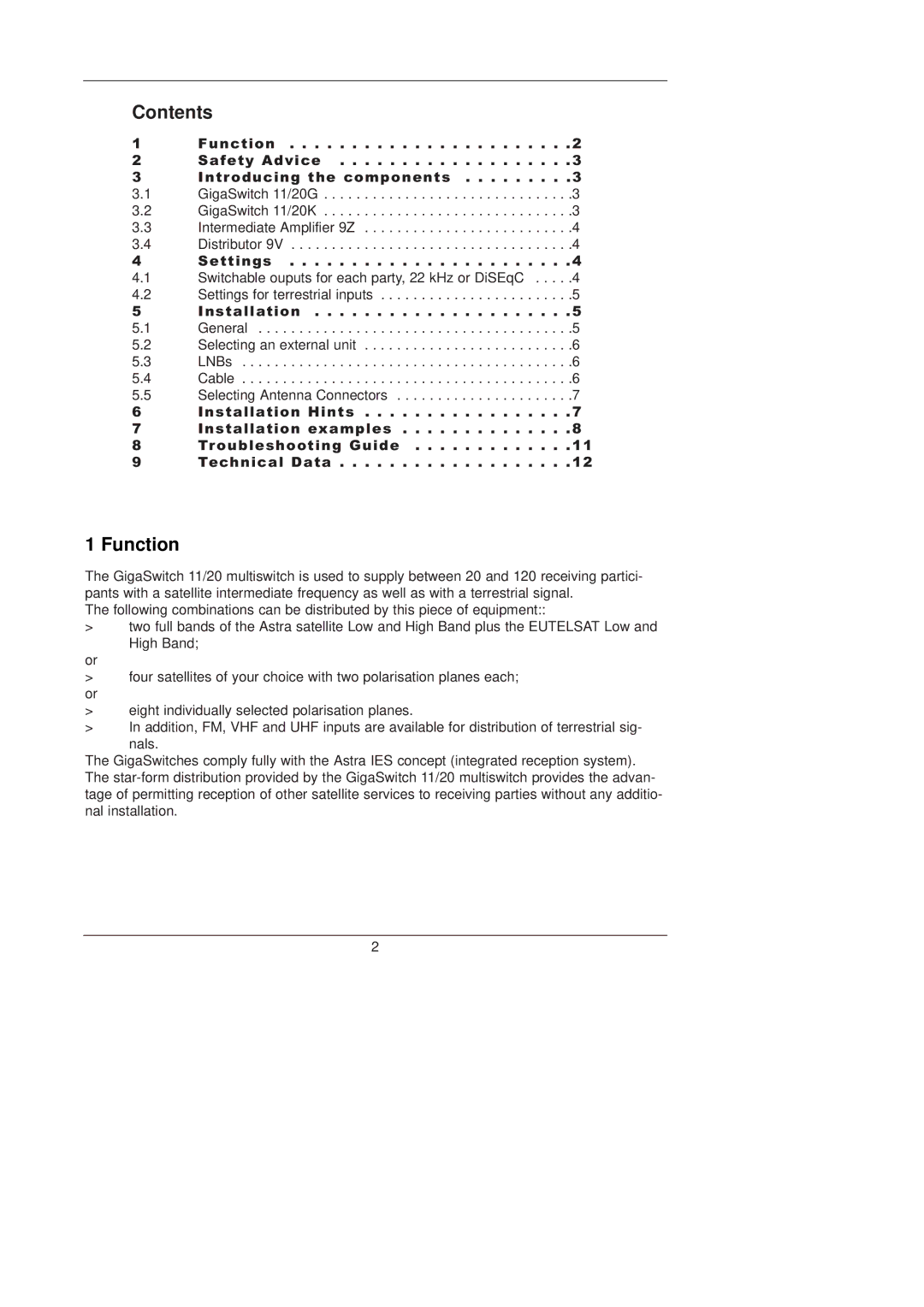 TechniSat 11/20K, 11/20G installation manual Contents, Function 