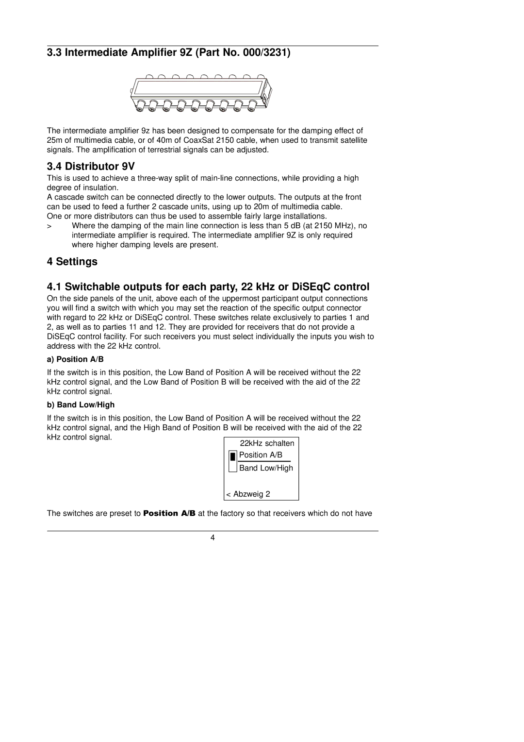 TechniSat 11/20K, 11/20G installation manual Intermediate Amplifier 9Z Part No /3231, Distributor 