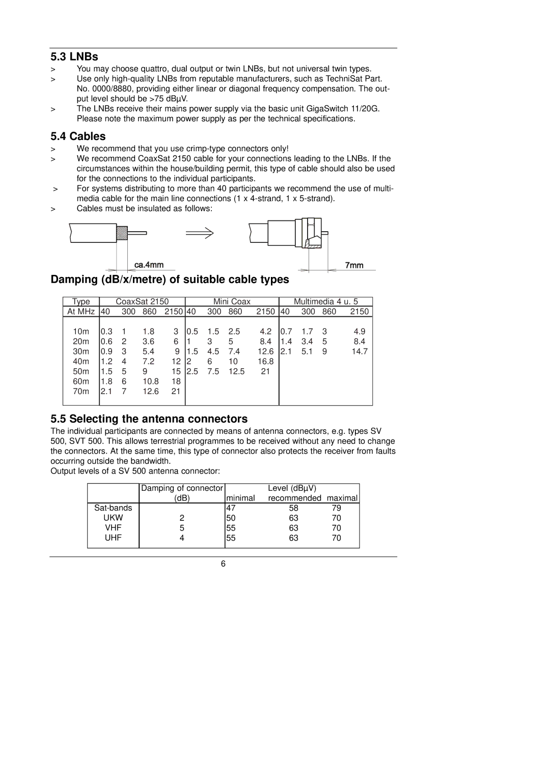 TechniSat 11/20K, 11/20G LNBs, Cables, Damping dB/x/metre of suitable cable types, Selecting the antenna connectors 