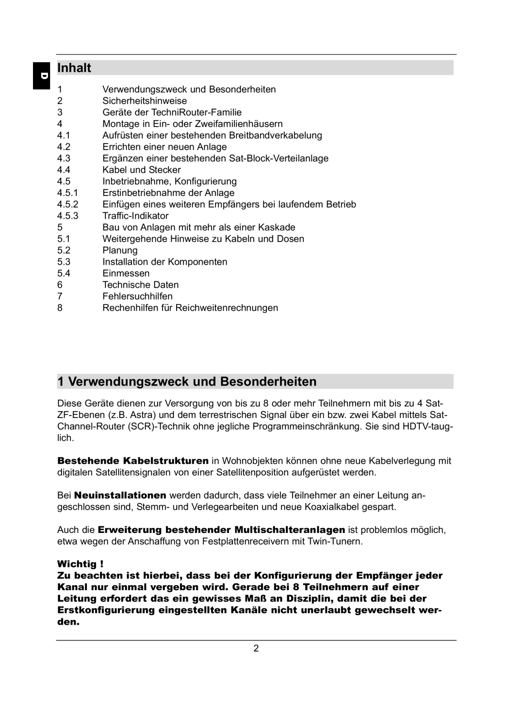 TechniSat 5/1x8 G, 5/2x4 G, 5/2x4 K, 5/1x8 K installation instructions Inhalt, Verwendungszweck und Besonderheiten 