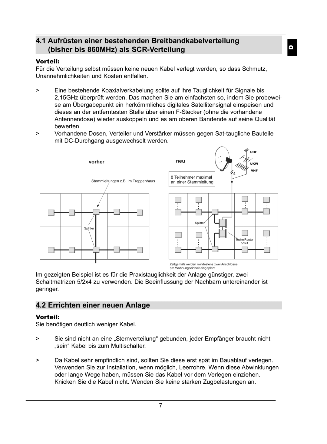 TechniSat 5/1x8 K, 5/2x4 G, 5/2x4 K, 5/1x8 G installation instructions Errichten einer neuen Anlage, Vorteil 