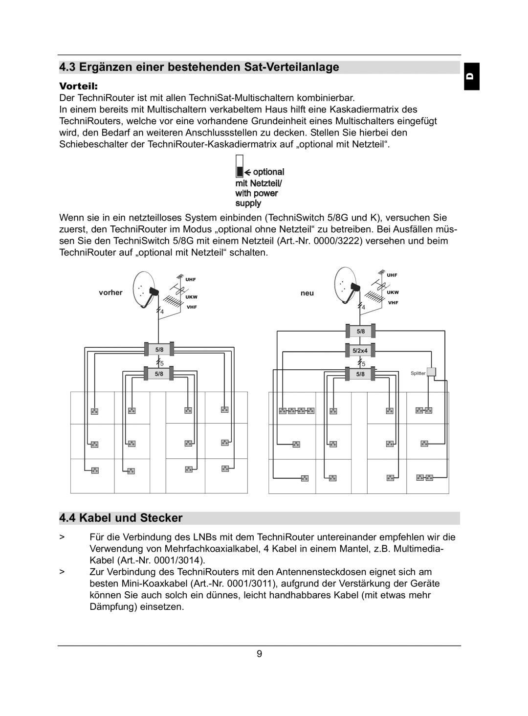 TechniSat 5/2x4 K, 5/2x4 G, 5/1x8 G, 5/1x8 K Ergänzen einer bestehenden Sat-Verteilanlage, Kabel und Stecker 