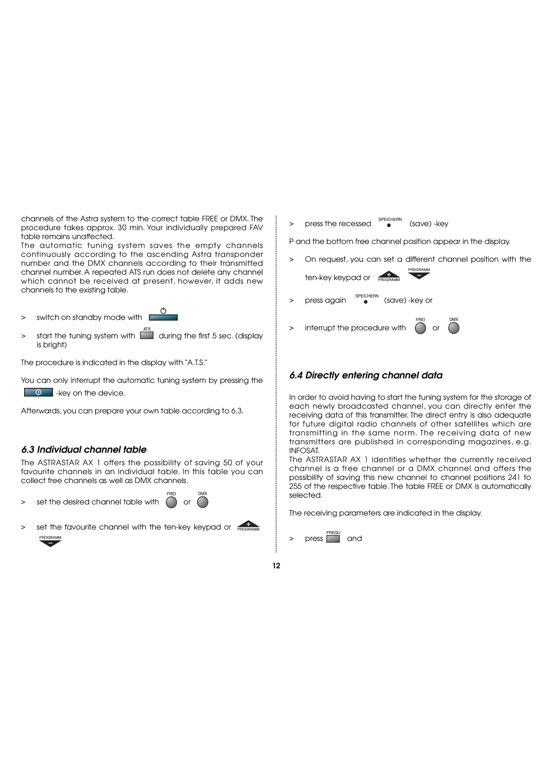 TechniSat AX1 operating instructions Individual channel table, Directly entering channel data 