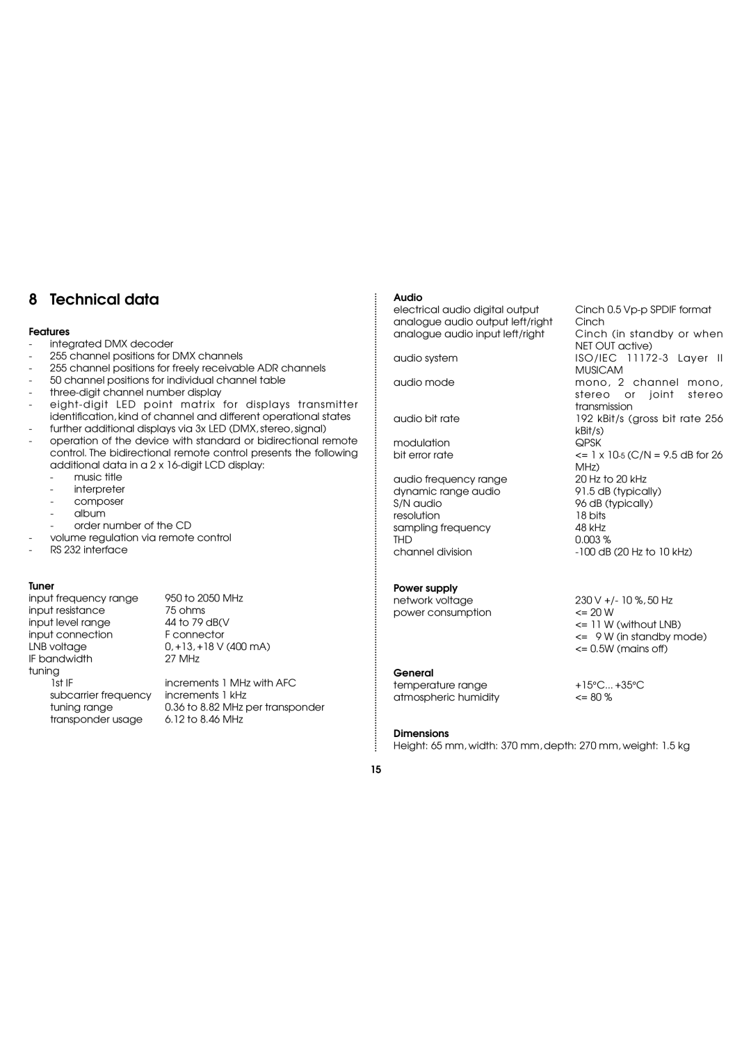 TechniSat AX1 operating instructions Technical data, Thd 