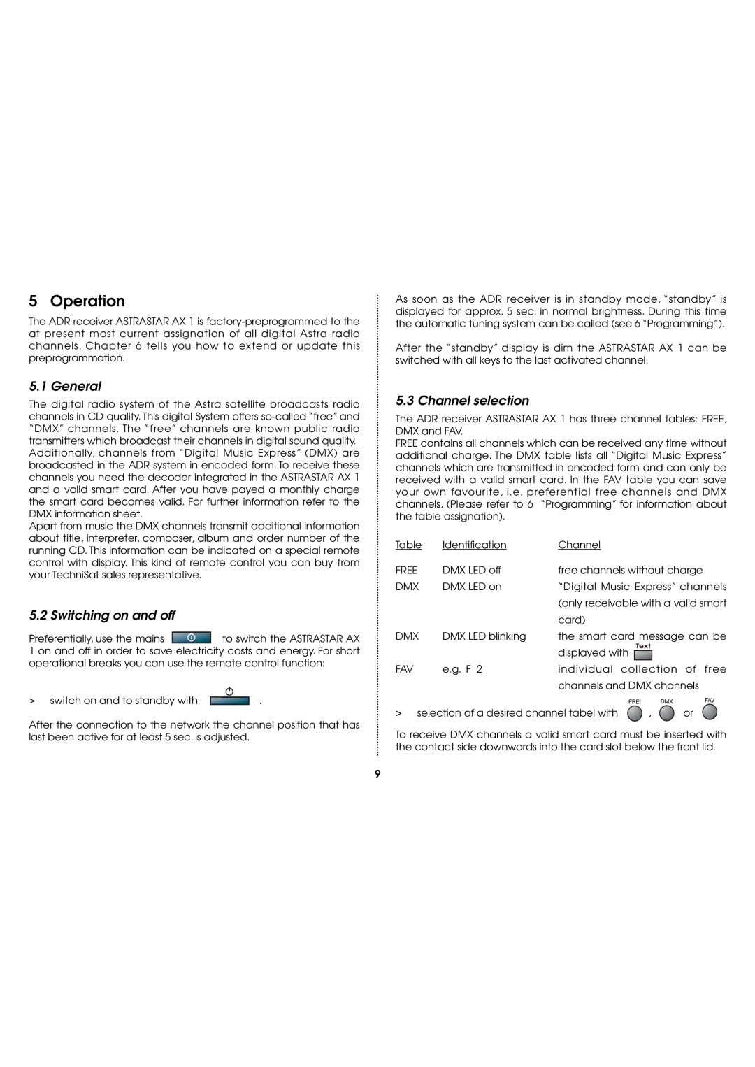 TechniSat AX1 operating instructions Operation, General, Switching on and off, Channel selection 