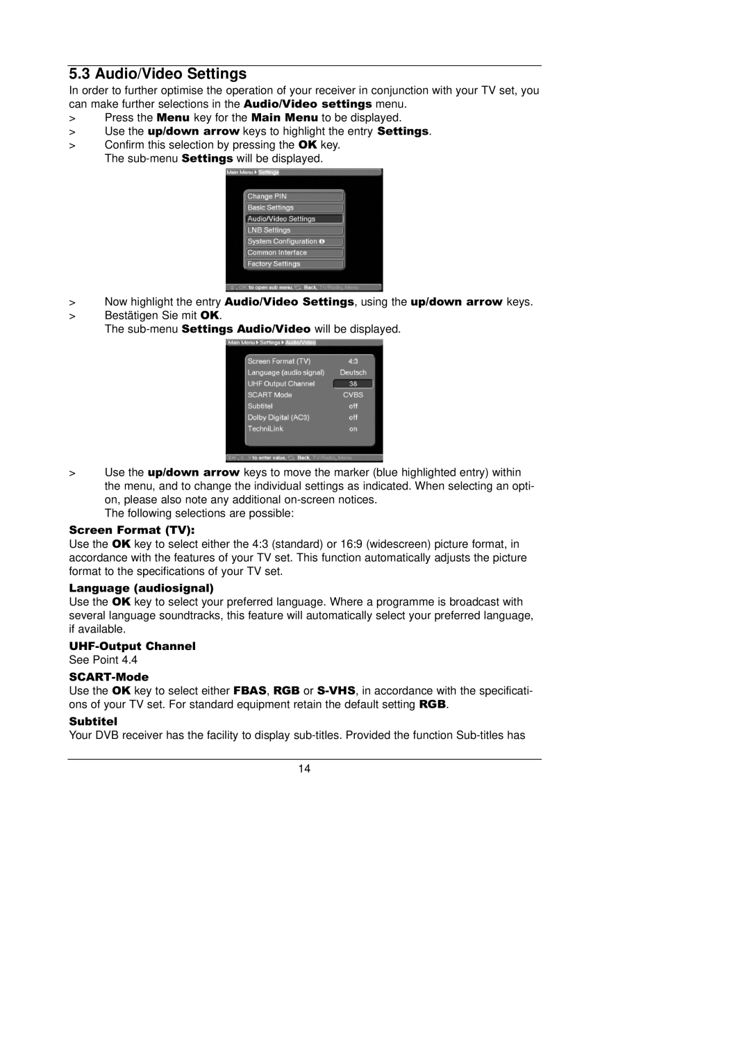 TechniSat CAM 1 plus instruction manual Audio/Video Settings 