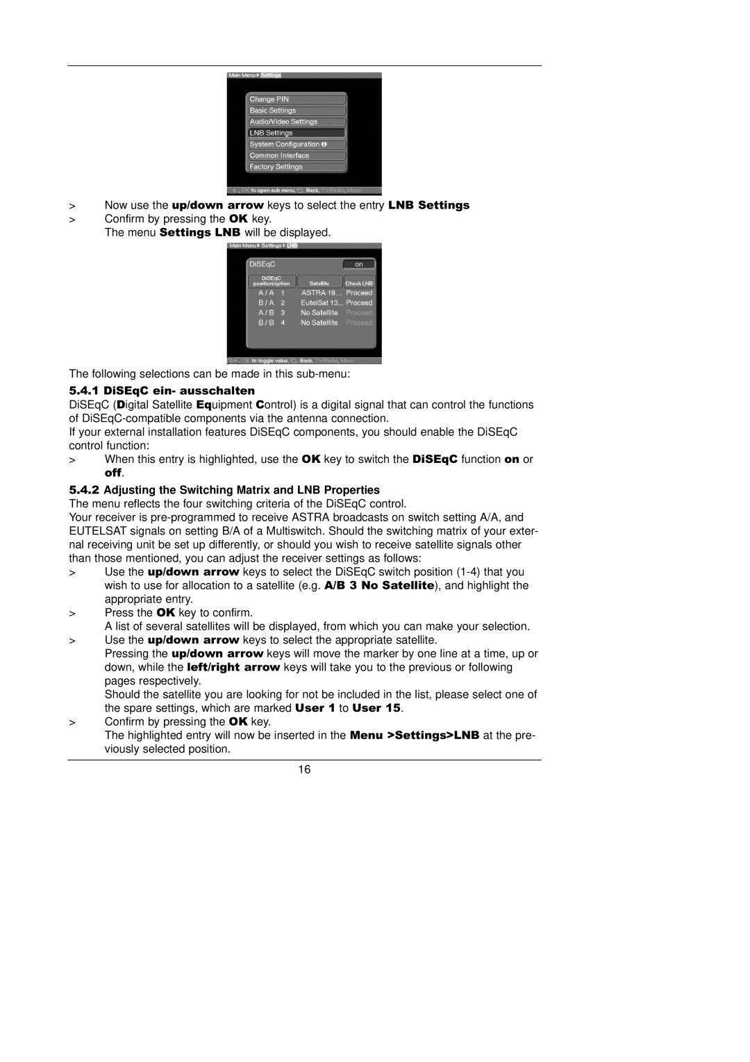 TechniSat CAM 1 plus instruction manual Adjusting the Switching Matrix and LNB Properties 